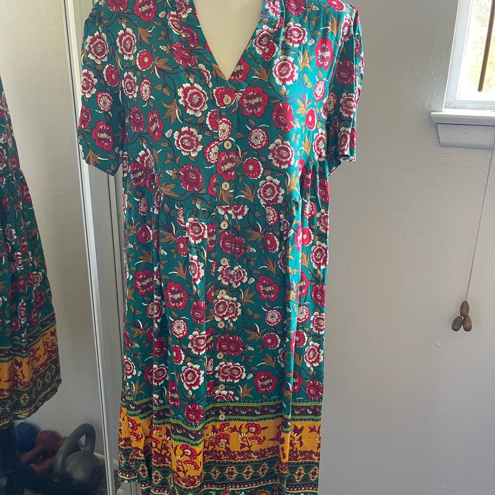 Vibrant Floral Midi Dress - Teal, Red, and Yellow